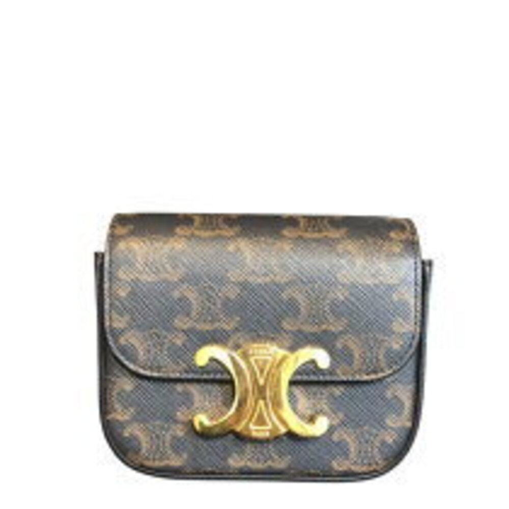 Celine Claude Brown Black Triomphe Canvas Tan Shoulder Bag